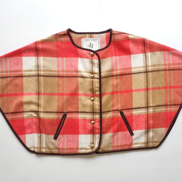 Janie and Jack Pink & Tan Wool Cape Jacket Girl's Size 3 - 4  Preppy Plaid - Picture 3 of 7